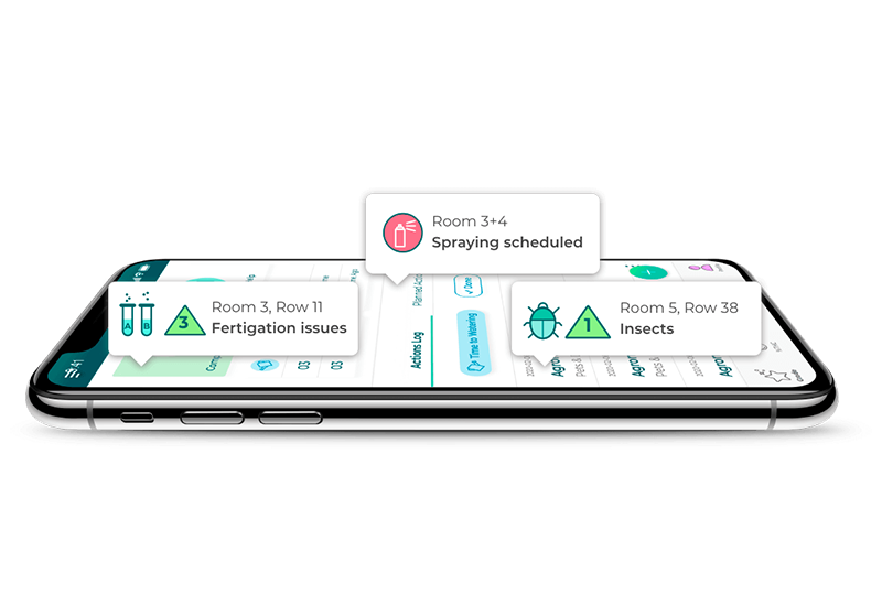 A model of the MyCrops SCOUT app on a mobile phone showing different notifications that can be viewed in the app