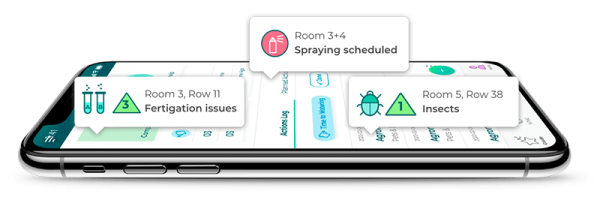 A model of the MyCrops SCOUT app on a mobile phone showing different notifications that can be viewed in the app